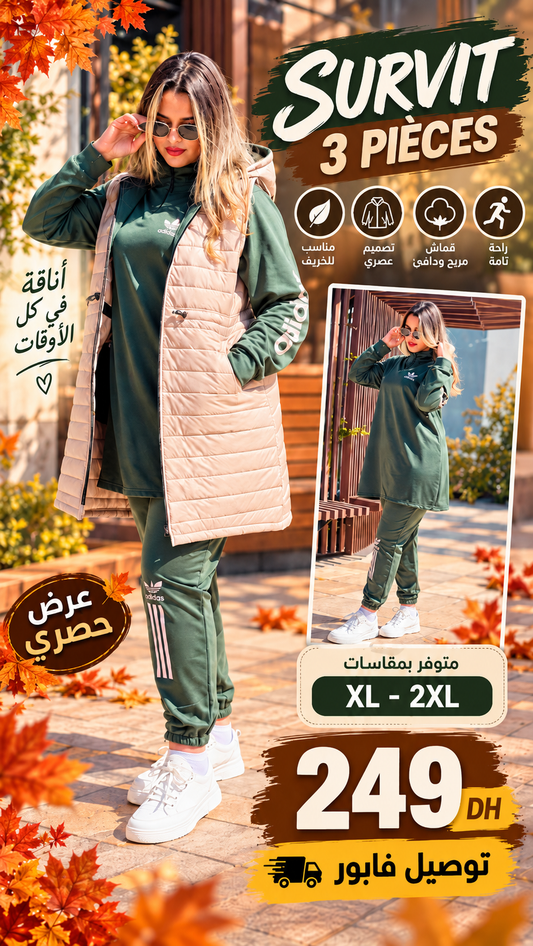 🔥 SURVIT 3 PIÈCES 🍂 إطلالة خريفية سبور وعصرية ✨ عرض اليوم فقط بـ249 درهم 🚚 توصيل فابور حتى لباب الدار