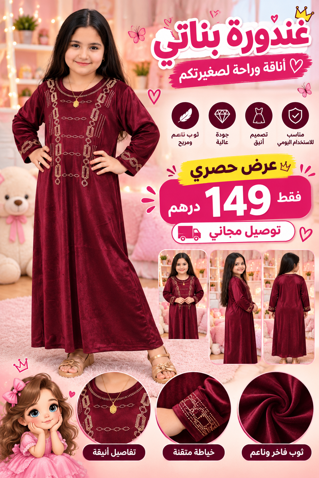 👑 قندورة بناتي فاخرة ✨ أناقة وراحة لصغيرتك 💕 | عرض حصري اليوم 🔥 توصيل فابور حتى لباب الدار 🚚